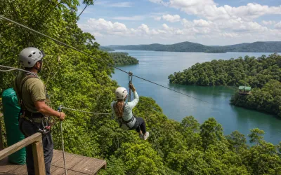 Canopy zipline rider overlooking Gatún Lake at La Granja