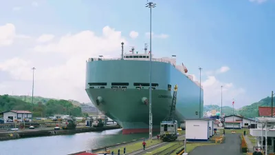 Large ship passing through the Panama Canal locks