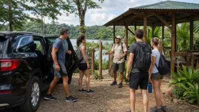 Travelers arriving at La Granja and meeting their activity guide