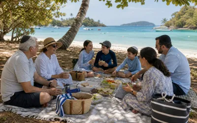 Multigenerational family enjoying a packed kosher picnic on Contadora Island