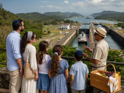 Guide explaining the Panama Canal to a family from an overlook