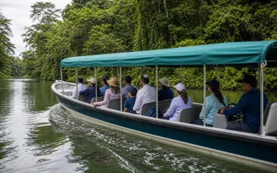 Covered boat crossing Gatún Lake on the Monkey Island tour
