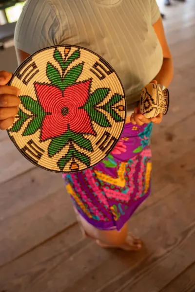 Woven Emberá basket with geometric pattern detail