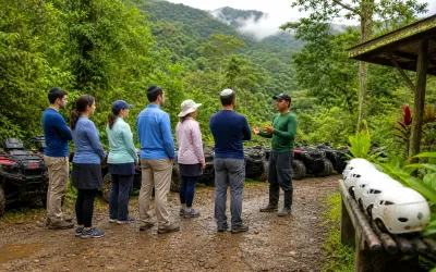 Safety briefing with helmets and ATVs before the Blue Hill ATV ride