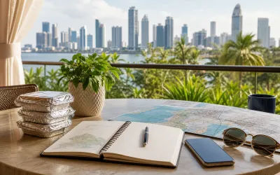 Panama trip planning table with map, itinerary notebook, and kosher meal containers