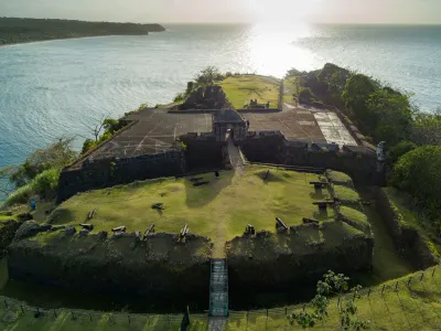Aerial view of the San Lorenzo fort ruins above the Chagres River at sunset