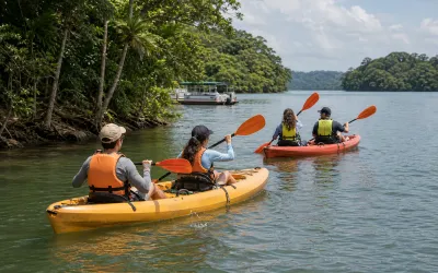 Travelers kayaking on Gatún Lake during their selected La Granja activity