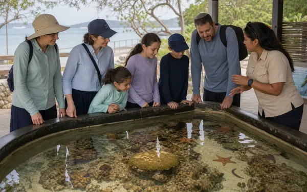 Guide showing families the touch pool at Smithsonian Punta Culebra