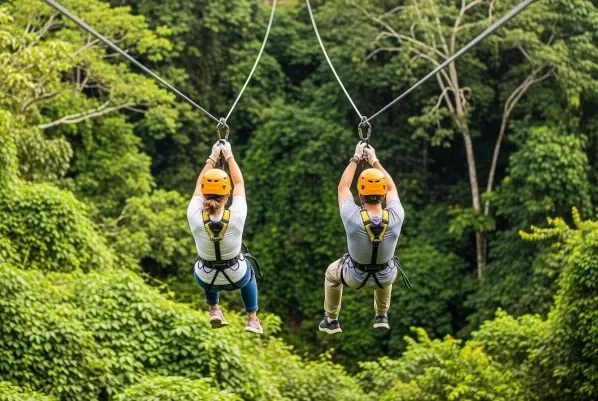 Canopy zip-line ride through the forest at La Granja Camp and Adventure