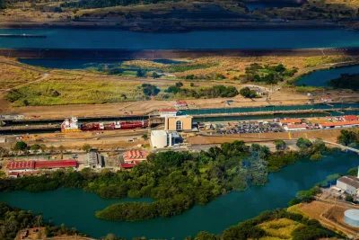 Aerial view of ships approaching the Miraflores Locks