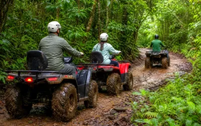 ATV riders following a muddy rainforest trail on the Blue Hill ATV Tour