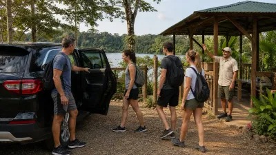 Travelers meeting their driver for the return from La Granja