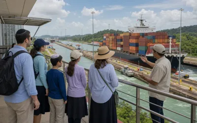 Visitors watching the Panama Canal from the observation deck